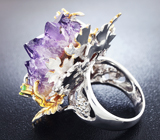 Серебряное кольцо с друзой аметиста, танзанитом и цаворитом Серебро 925