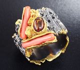 Серебряное кольцо с кораллом и спессартином гранатом Серебро 925