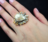 Серебряное кольцо с жемчужиной барокко и танзанитами