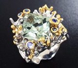 Серебряное кольцо с зеленым аметистом авторской огранки и синими сапфирами Серебро 925