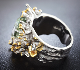 Серебряное кольцо с зеленым аметистом авторской огранки и синими сапфирами Серебро 925