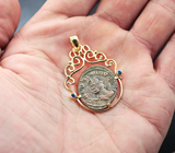 Артефакт! Золотой кулон с бронзовой римской монетой и васильковыми сапфрами Золото