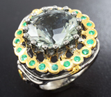 Серебряное кольцо с зеленым аметистом авторской огранки и изумрудами Серебро 925