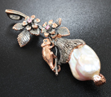 Серебряная брошь-кулон с жемчужиной барокко, розовыми сапфирами и черными шпинелями Серебро 925