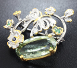 Серебряная брошь с зеленым аметистом, изумрудами, перидотом и синим сапфиром Серебро 925