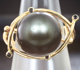 Золотое кольцо черной жемчужиной 17,45 карат из Таити и черными шпинелями! Глубокий черный цвет Золото