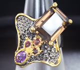 Серебряное кольцо с дымчатым кварцем, родолитами и аметистом Серебро 925