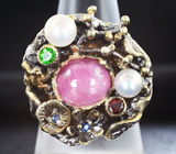 Серебряное кольцо с розовым и синими сапфирами, жемчугом, диопсидом и гранатом Серебро 925