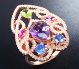 Серебряное кольцо с аметистом, перидотом, розовыми турмалинами и синими сапфирами Серебро 925