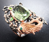 Серебряное кольцо с зеленым аметистом, диопсидами и изумрудом Серебро 925