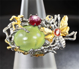 Серебряное кольцо с пренитом, звездчатым рубином и цветными сапфирами Серебро 925