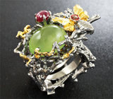 Серебряное кольцо с пренитом, звездчатым рубином и цветными сапфирами Серебро 925
