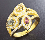Замечательное серебряное кольцо с сапфирами и родолитом