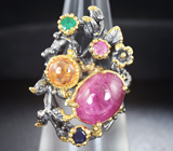 Серебряное кольцо с кабошоном рубина, золотистым турмалином, розовым и синим сапфирами Серебро 925