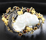 Серебряный браслет с жемчужиной барокко, рубинами и гранатами Серебро 925
