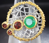 Серебряное кольцо с зеленым агатом и гранатами Серебро 925