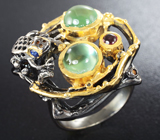 Серебряное кольцо с пренитом, родолитом гранатом и синими сапфирами Серебро 925