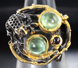 Серебряное кольцо с пренитом, родолитом гранатом и синими сапфирами Серебро 925