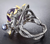 Серебряное кольцо с аметистами, цветной жемчужиной, изумрудом и диопсидами Серебро 925