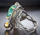 Серебряное кольцо с зеленым агатом, гранатами и аметистами Серебро 925