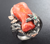 Серебряное кольцо с кораллом и изумрудом Серебро 925