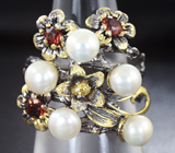 Серебряное кольцо с жемчугом и мозамбикскими гранатами и желтым сапфиром Серебро 925