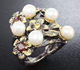 Серебряное кольцо с жемчугом и мозамбикскими гранатами и желтым сапфиром Серебро 925