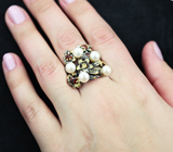 Серебряное кольцо с жемчугом и мозамбикскими гранатами и желтым сапфиром Серебро 925