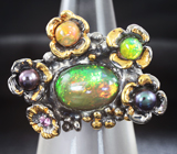 Серебряное кольцо с кристаллическими опалами, цветным жемчугом и сапфирами