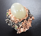Серебряное кольцо с лунный камнем и диопсидом
