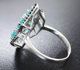Серебряное кольцо с неоново-голубыми апатитами и черными шпинелями Серебро 925