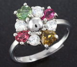 Вращающееся cеребряное кольцо из коллекции «Drops» c разноцветными турмалинами Серебро 925
