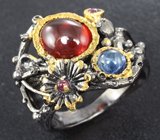 Серебряное кольцо cо спессартином и родолитом, синим и пурпурным сапфирами Серебро 925