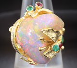 Золотое кольцо с роскошным эфиопским опалом 14,09 карат, рубинами, изумрудами и бриллиантами Золото