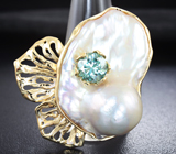 Кольцо с жемчужиной барокко и голубым брлиллиантом Золото