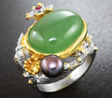 Серебряное кольцо с пренитом, цветной жемчужиной и сапфиром