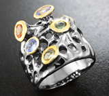 Серебряное кольцо с танзанитами и разноцветными сапфирами Серебро 925