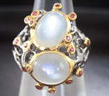 Серебряное кольцо с лунным камнем с «кошачьим глазом» и пурпурными сапфирами