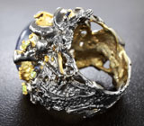 Серебряное кольцо с крупным синим сапфиром и перидотами Серебро 925