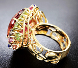 Золотое кольцо с крупным полихромным турмалином 17,89 карат, шпинелями, демантоидами и танзанитами Золото