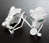 Серебряные серьги «Тигры» с зеленым и бесцветным кубиком циркония Серебро 925