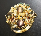 Золотое кольцо с хризобериллами, александритами и бриллиантами Золото