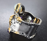 Серебряное кольцо с кристаллическими эфиопскими опалами, турмалином и аметистами