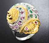 Серебряное кольцо «Улитка» с изумрудами, родолитами и рубинами Серебро 925