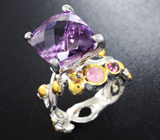 Серебряное кольцо с аметистом, розовым сапфиром и родолитом