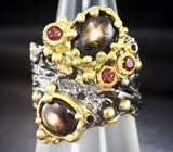 Серебряное кольцо cо звездчатыми сапфирами и мозамбикскими гранатами Серебро 925