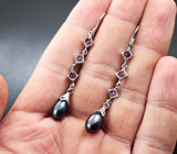 Элегантные серебряные серьги с цветным жемчугом и сапфирами Серебро 925
