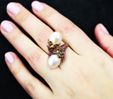 Шикарное серебряное кольцо с жемчугом и пурпурными сапфирами Серебро 925