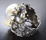 Серебряное кольцо с розовым кварцем и синими сапфирами