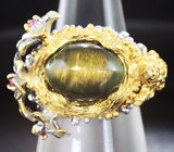 Серебряное кольцо cо скаполитом с эффектом кошачьего глаза и сапфирами Серебро 925